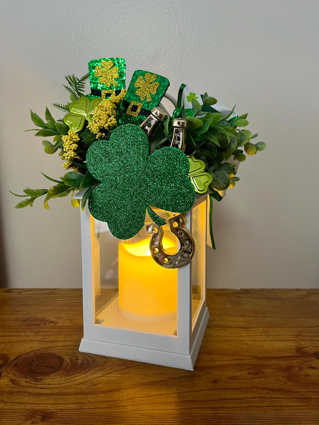 St. Patrick's Day Lantern, indoor decorated, greenery, shamrock