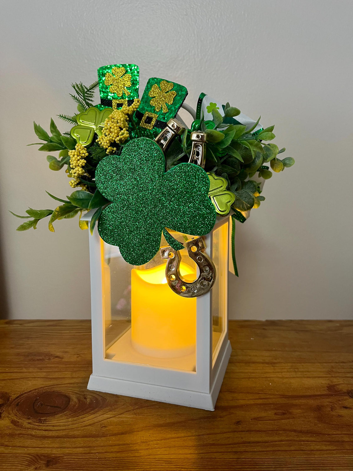 St. Patrick's Day Lantern, indoor decorated, greenery, shamrock