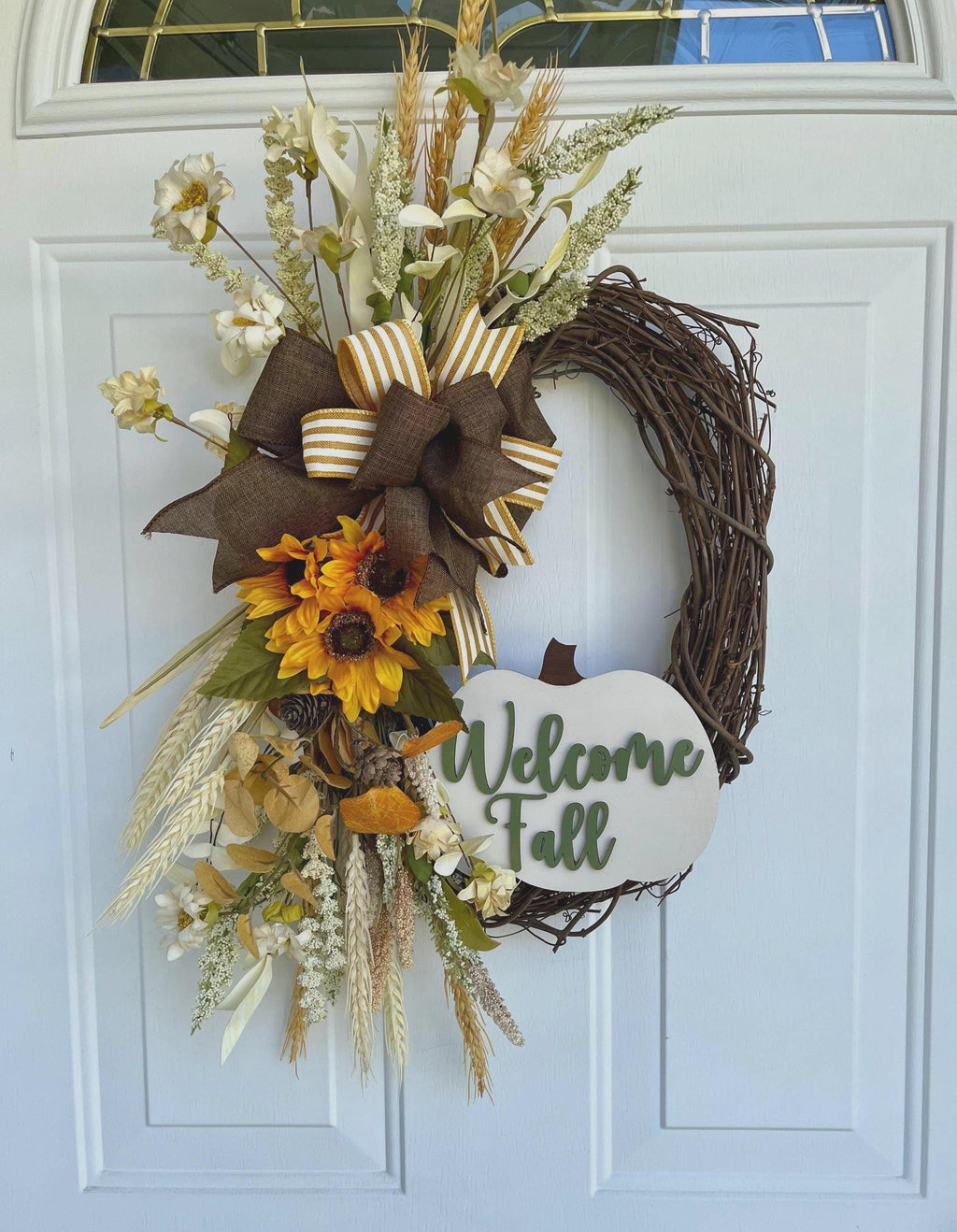 Handmade Pumpkin Fall Front Door Wreath – Welcome Fall Laser-Cut Wood Sign, Oval Grapevine Autumn Decor