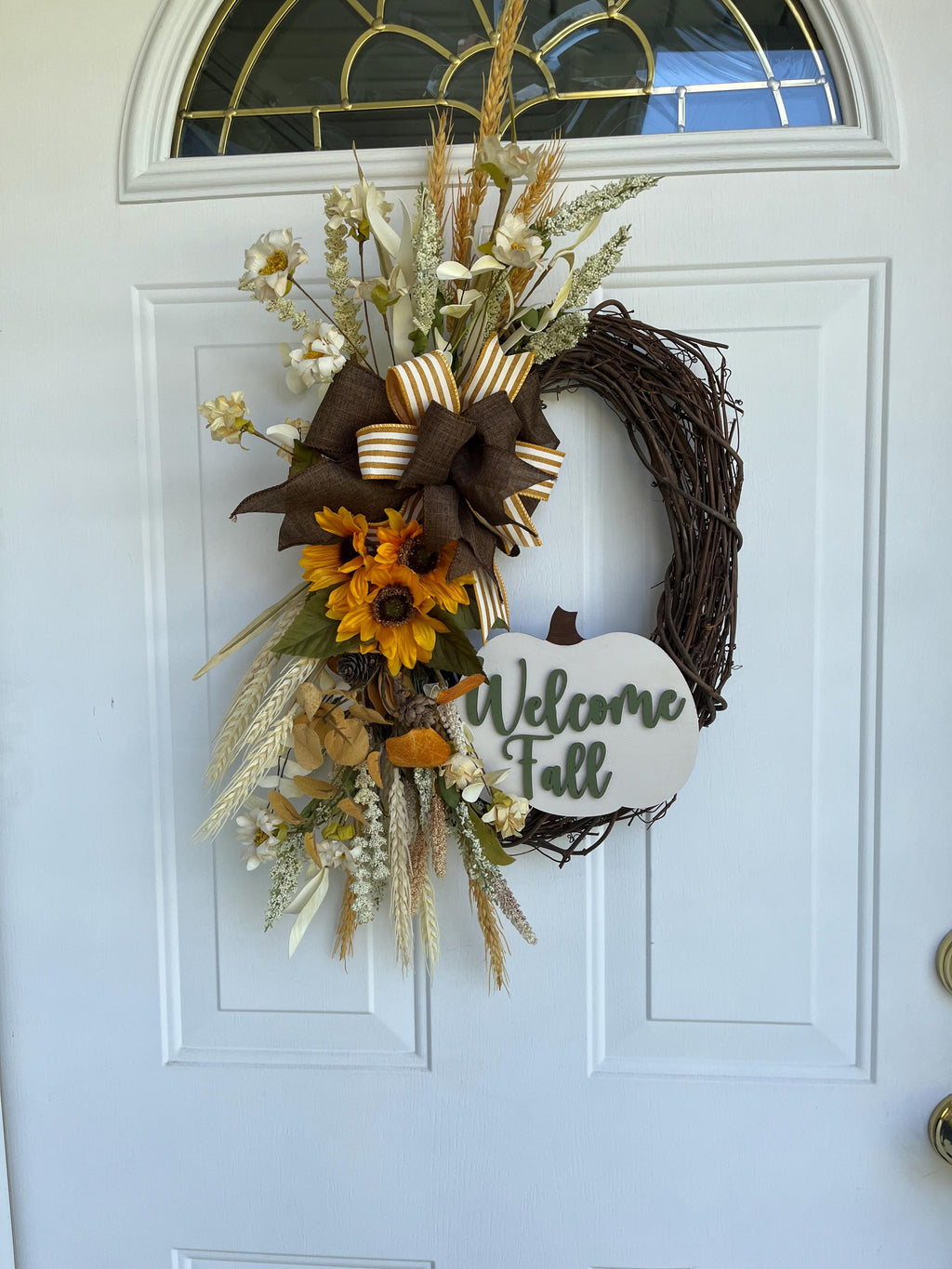 Handmade Pumpkin Fall Front Door Wreath – Welcome Fall Laser-Cut Wood Sign, Oval Grapevine Autumn Decor