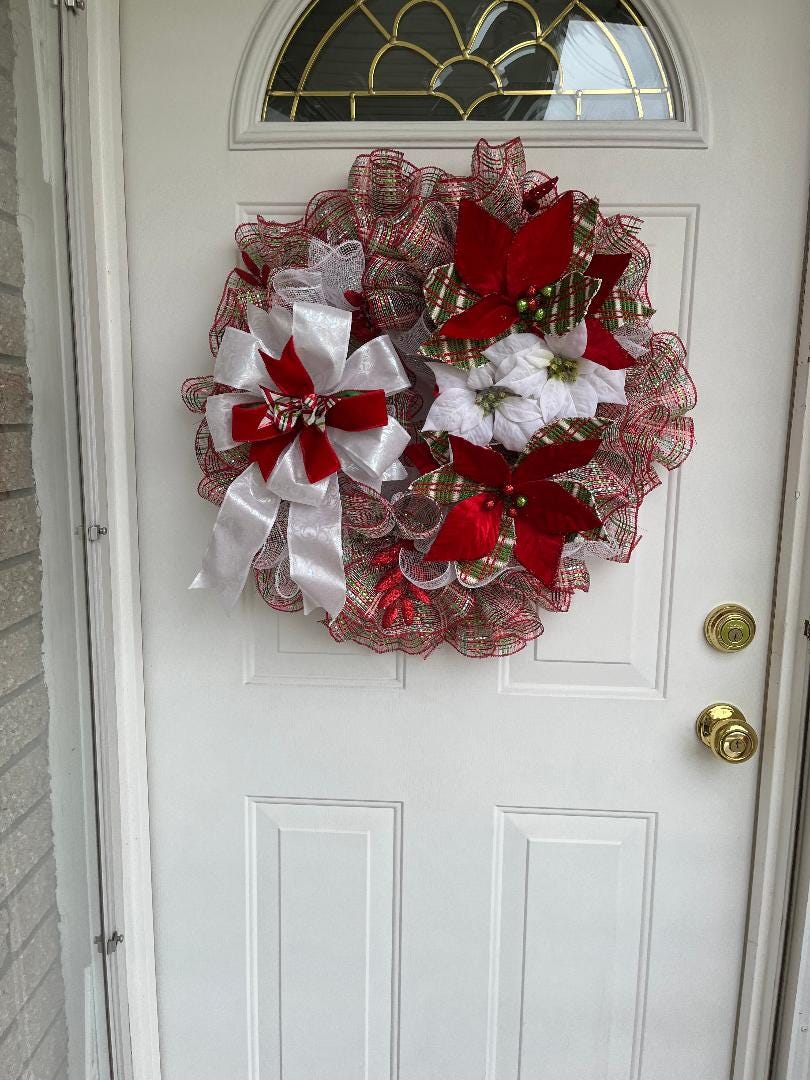 Christmas Poinsettia Wreath – Red, Green & White Mesh Holiday Door Décor