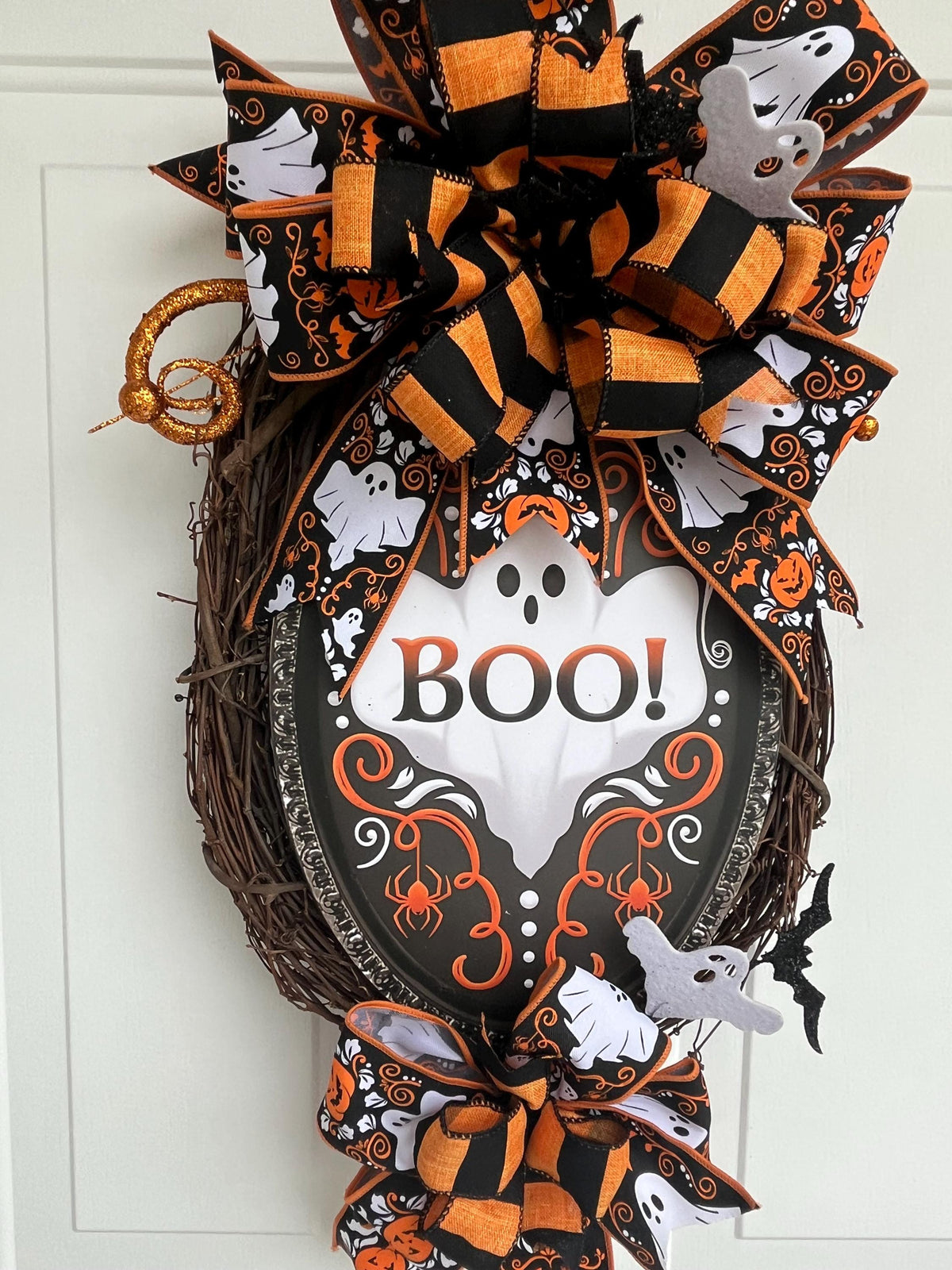 Handmade Halloween Grapevine Wreath – BOO Ghost Sign, Orange & Black Bats, Front Door Decor