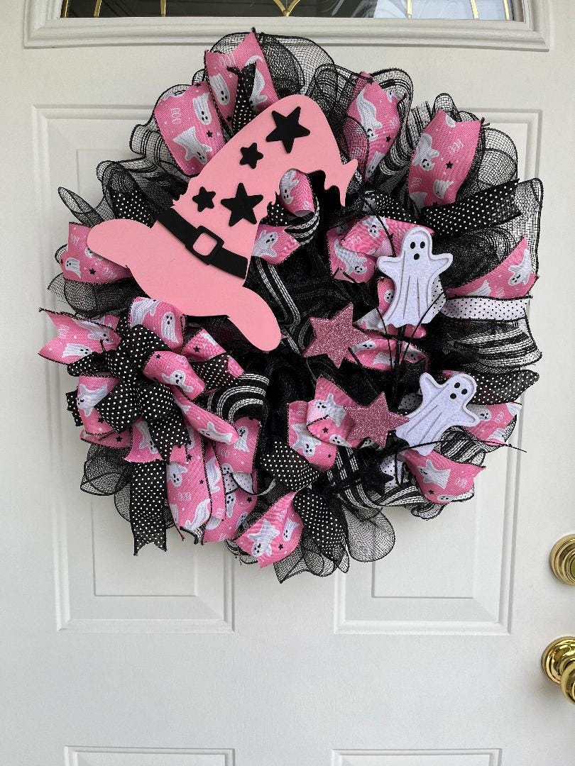 Pink & Black Halloween Door Wreath – Handmade Witch Hat, White Ghosts & Deco Mesh Front Door Decor