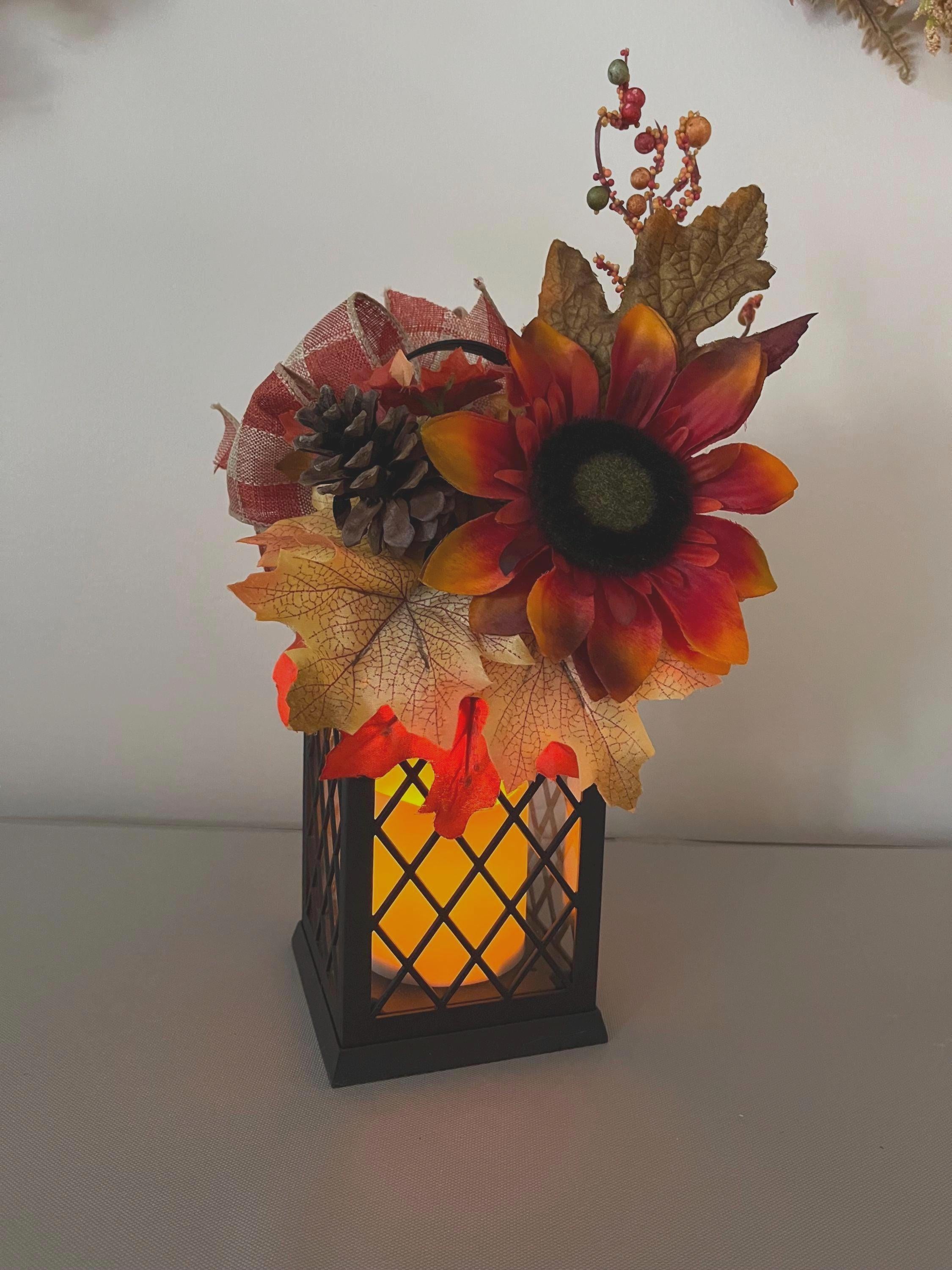 Fall Decorated Lantern: Faux Sunflower, Pine Cone, Flickering Light