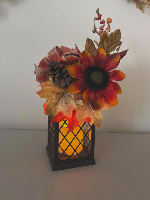 Fall Decorated Lantern: Faux Sunflower, Pine Cone, Flickering Light