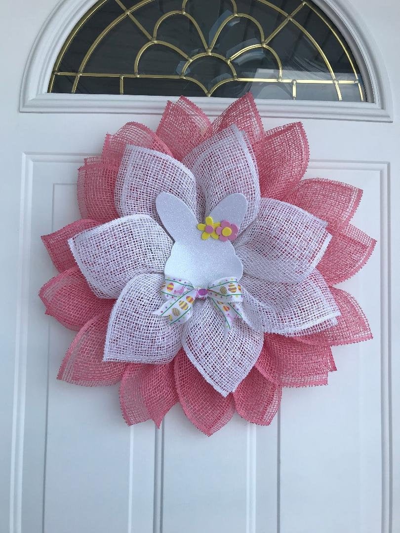 Easter Bunny Wreath: Burlap Flower, Spring Door Decor