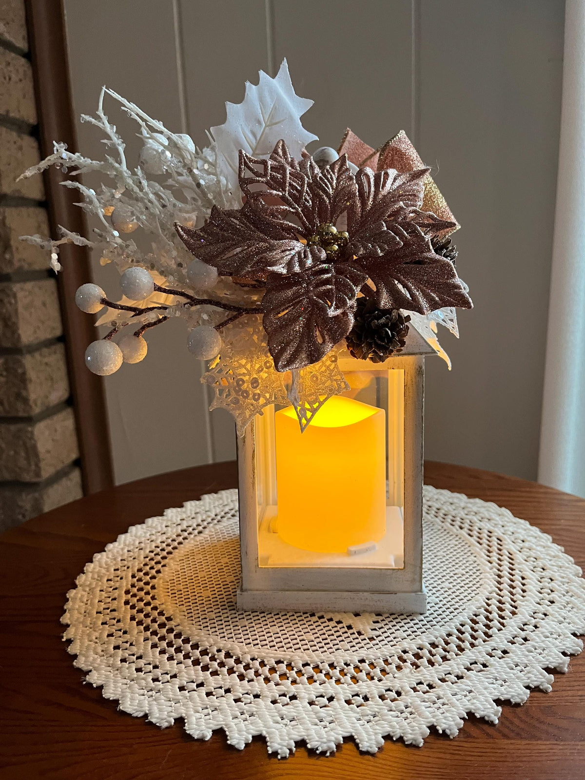 Christmas Decorated Flickering Candle Lantern – Pinkish Gold, White & Blush Holiday Décor