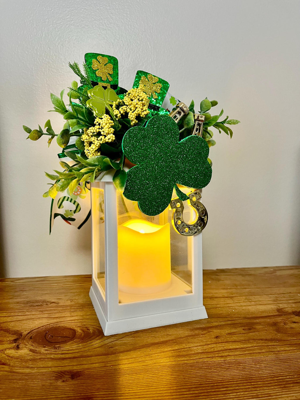 St. Patrick's Day Lantern, indoor decorated, greenery, shamrock