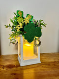 St. Patrick's Day Lantern, indoor decorated, greenery, shamrock