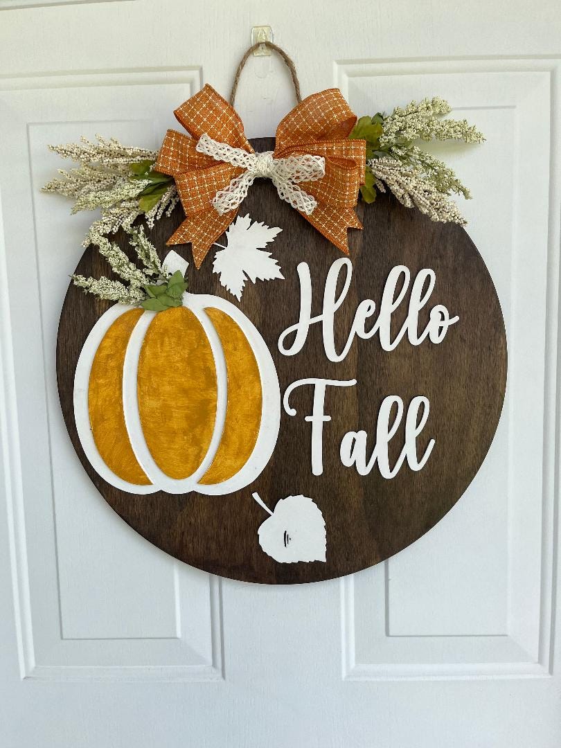 Fall door wood sign: Pumpkin & Leaves Decor, Hello Fall