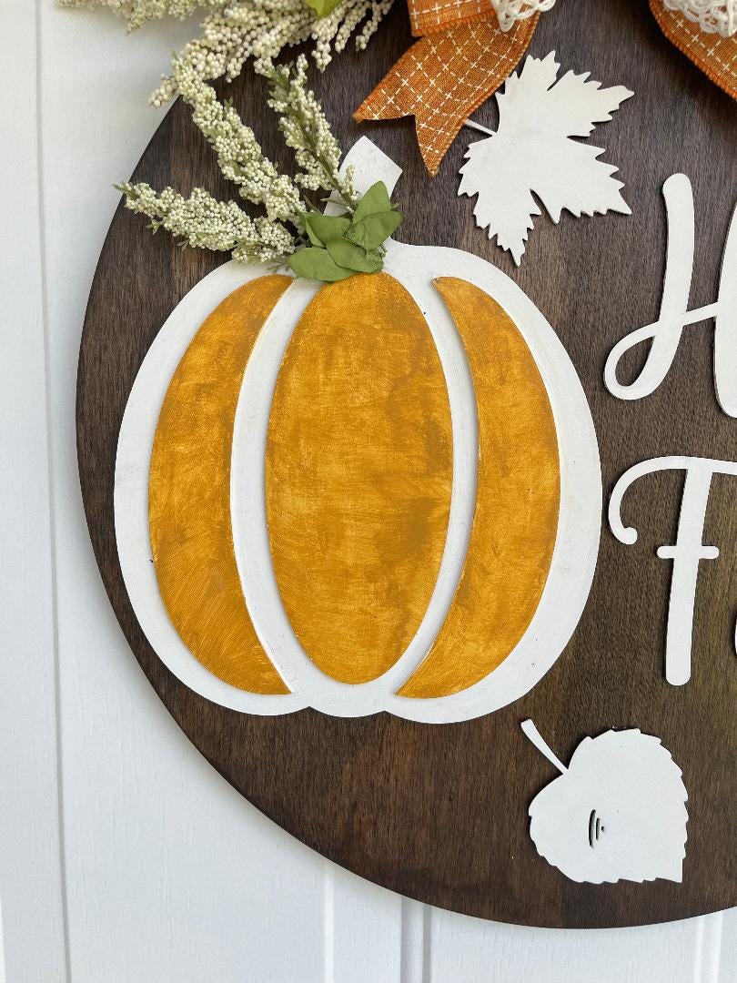Fall door wood sign: Pumpkin & Leaves Decor, Hello Fall