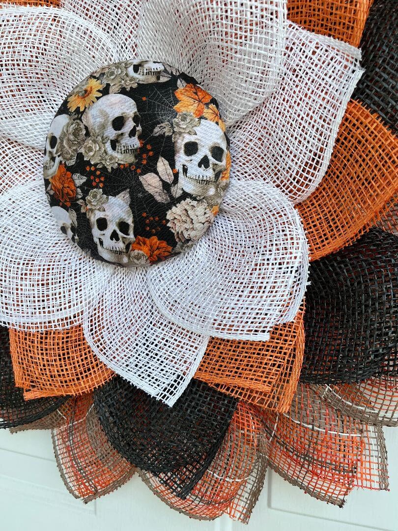 Handmade Large Halloween Door Wreath – Orange & Black Poly Burlap with Skeleton Centerpiece