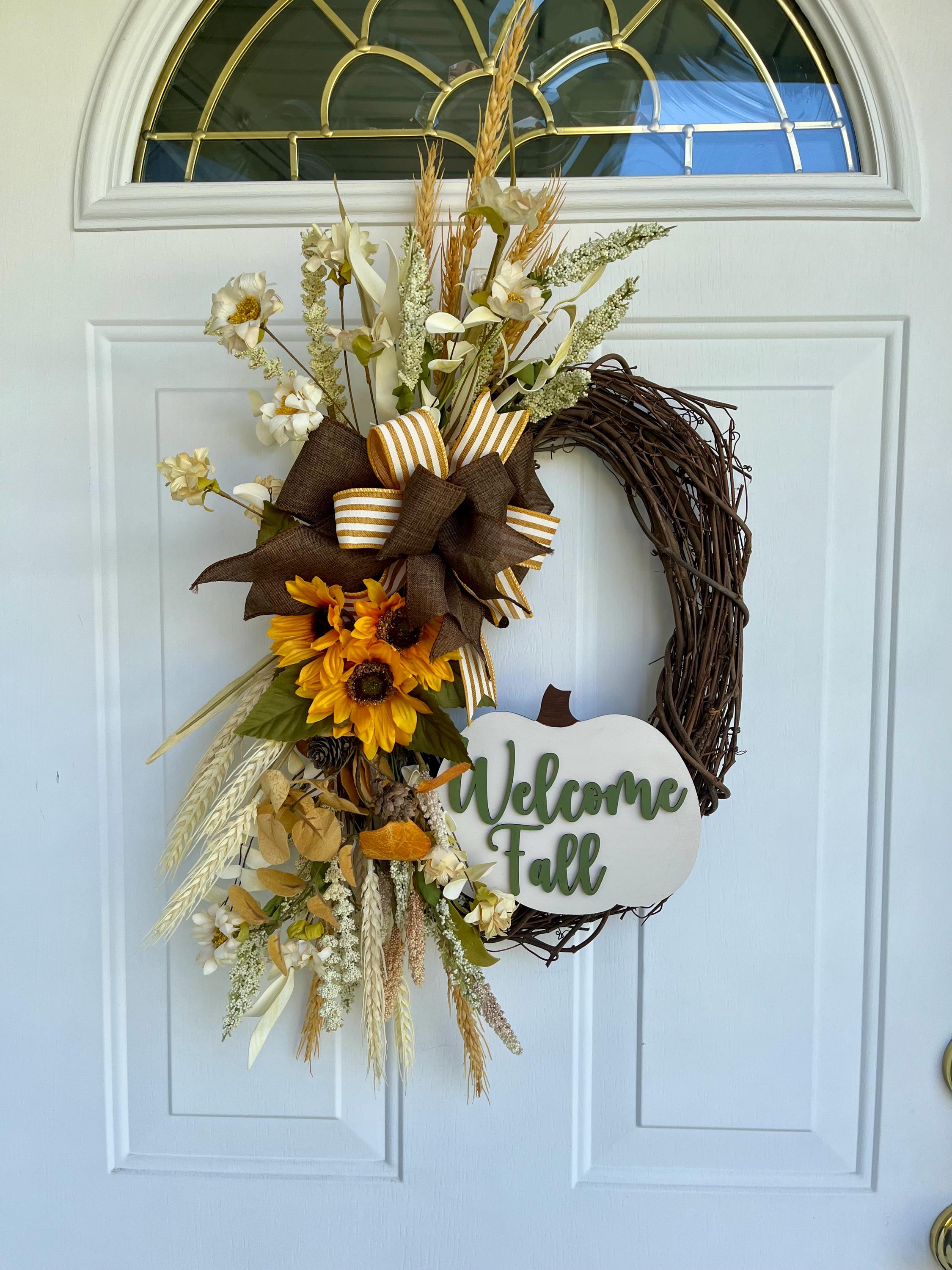 Handmade Pumpkin Fall Front Door Wreath – Welcome Fall Laser-Cut Wood Sign, Oval Grapevine Autumn Decor