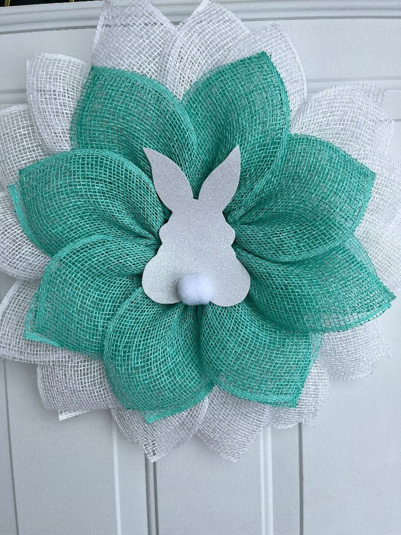 Handmade Easter Bunny Petal Wreath – Mint Green & White Burlap Door Décor