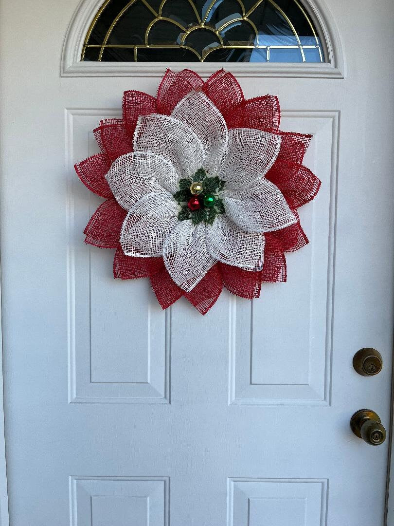 Christmas Petal Wreath – Red & White Door Décor with Holly & Ornaments