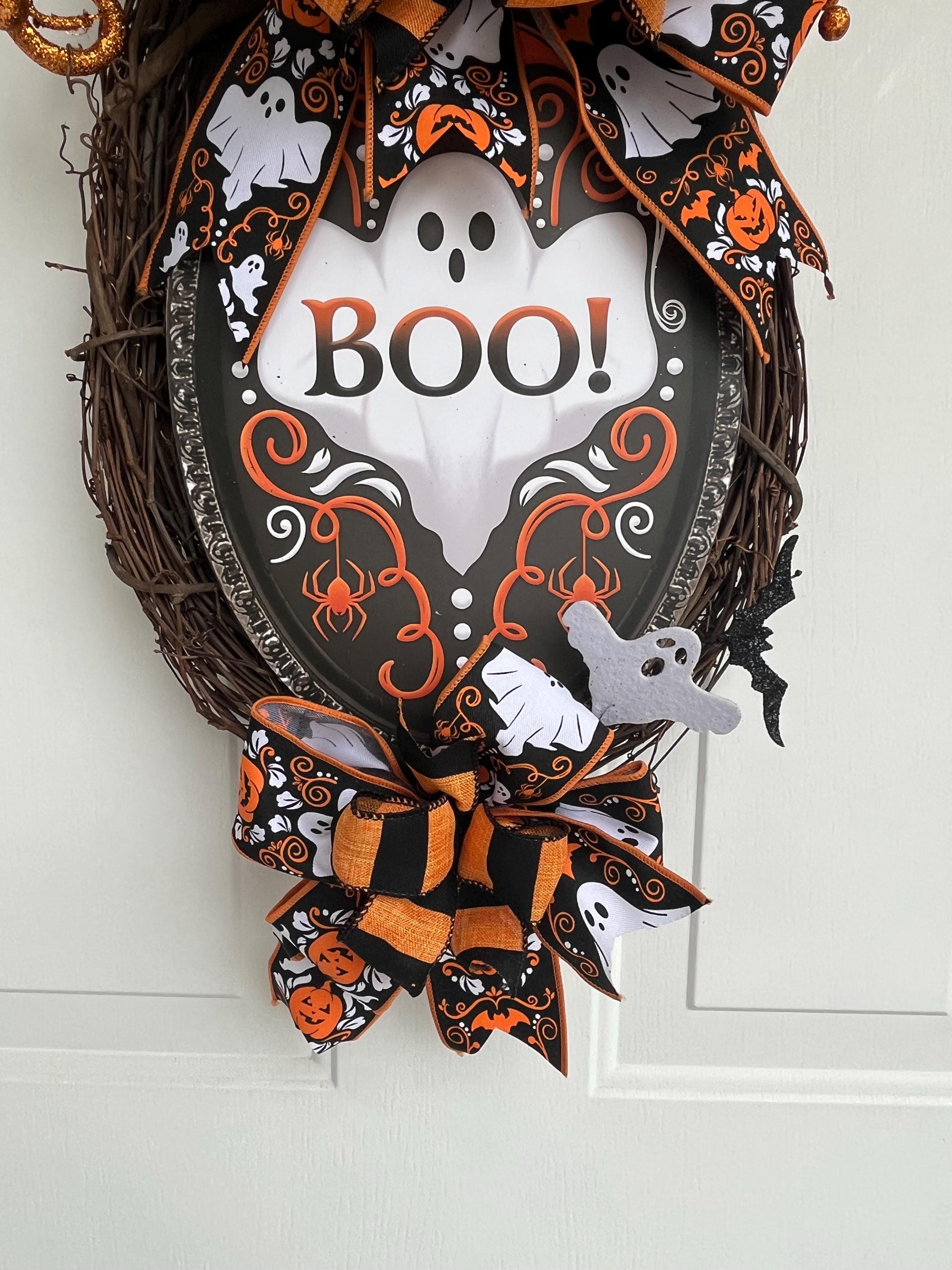 Handmade Halloween Grapevine Wreath – BOO Ghost Sign, Orange & Black Bats, Front Door Decor