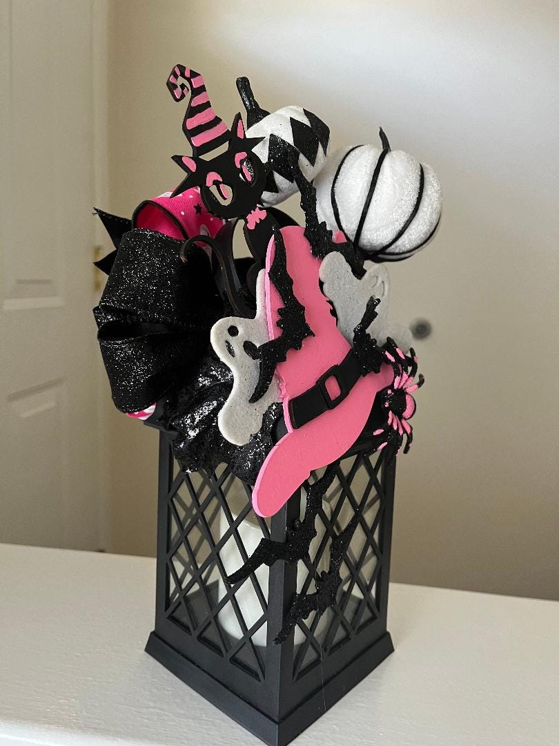 Decorated Halloween Lantern: Pink Witch Hat, Cat & Flameless Candle