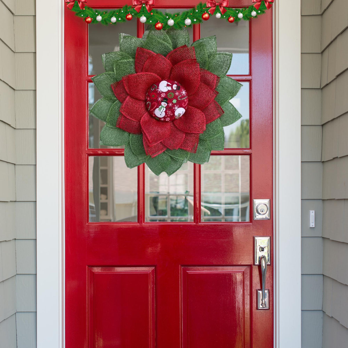 Large petal Christmas door wreath,  snowman decor, red and green