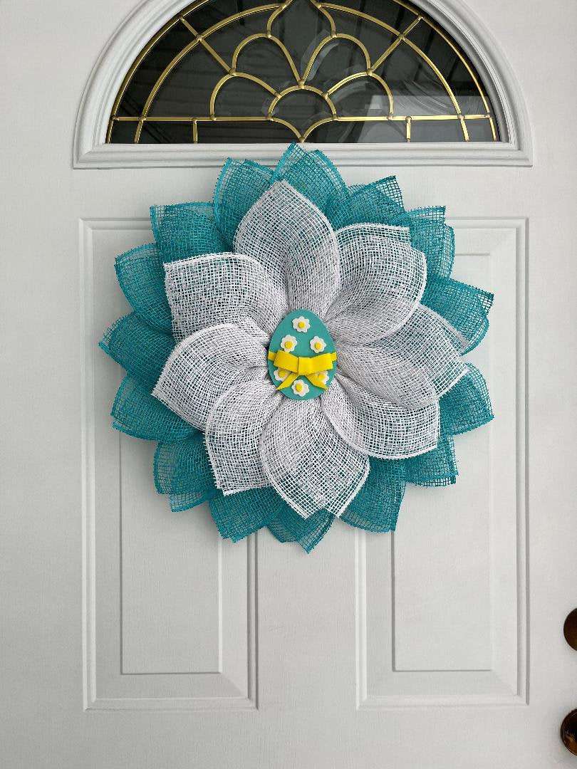 Handmade Turquoise Easter Egg Petal Wreath – Poly Burlap Spring Door Décor