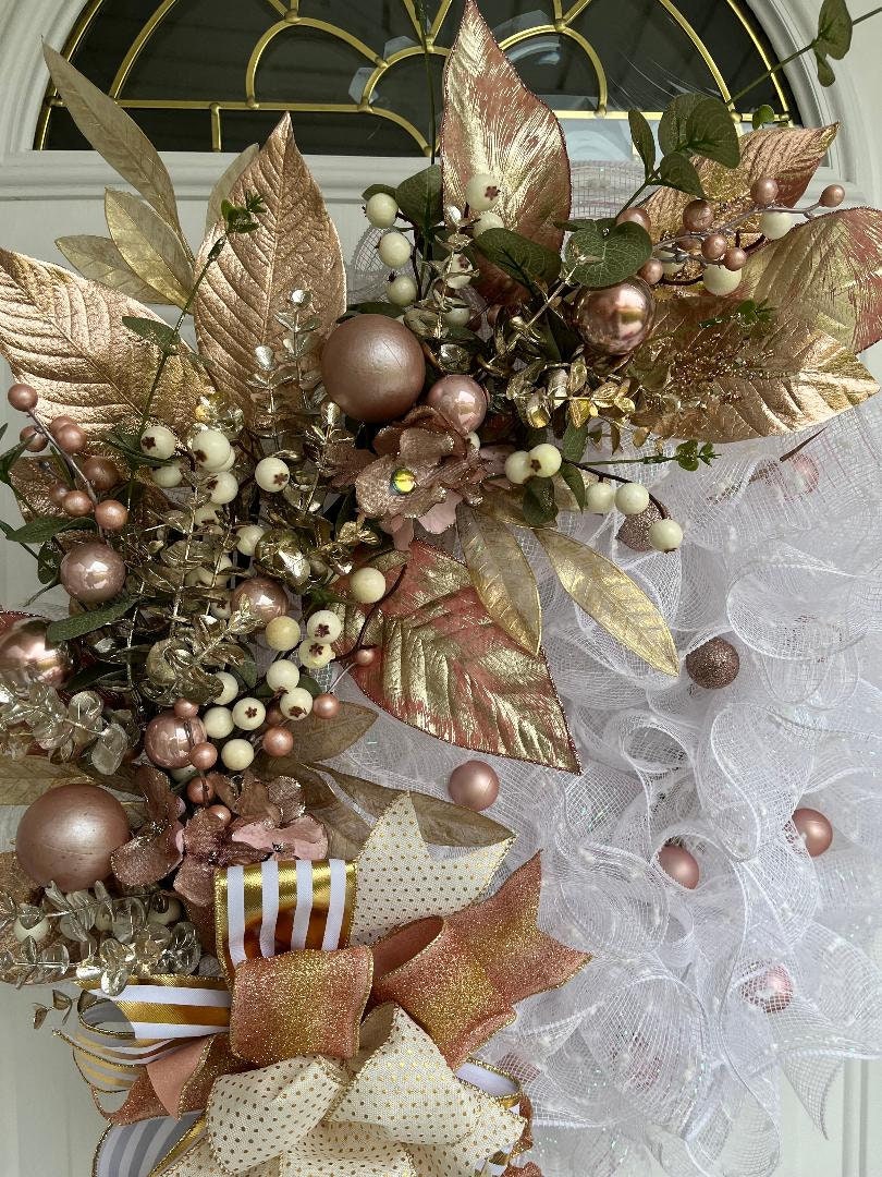 Christmas Wreath | Gold Berries, Gold Leaves & White Mesh | Holiday Door Decor
