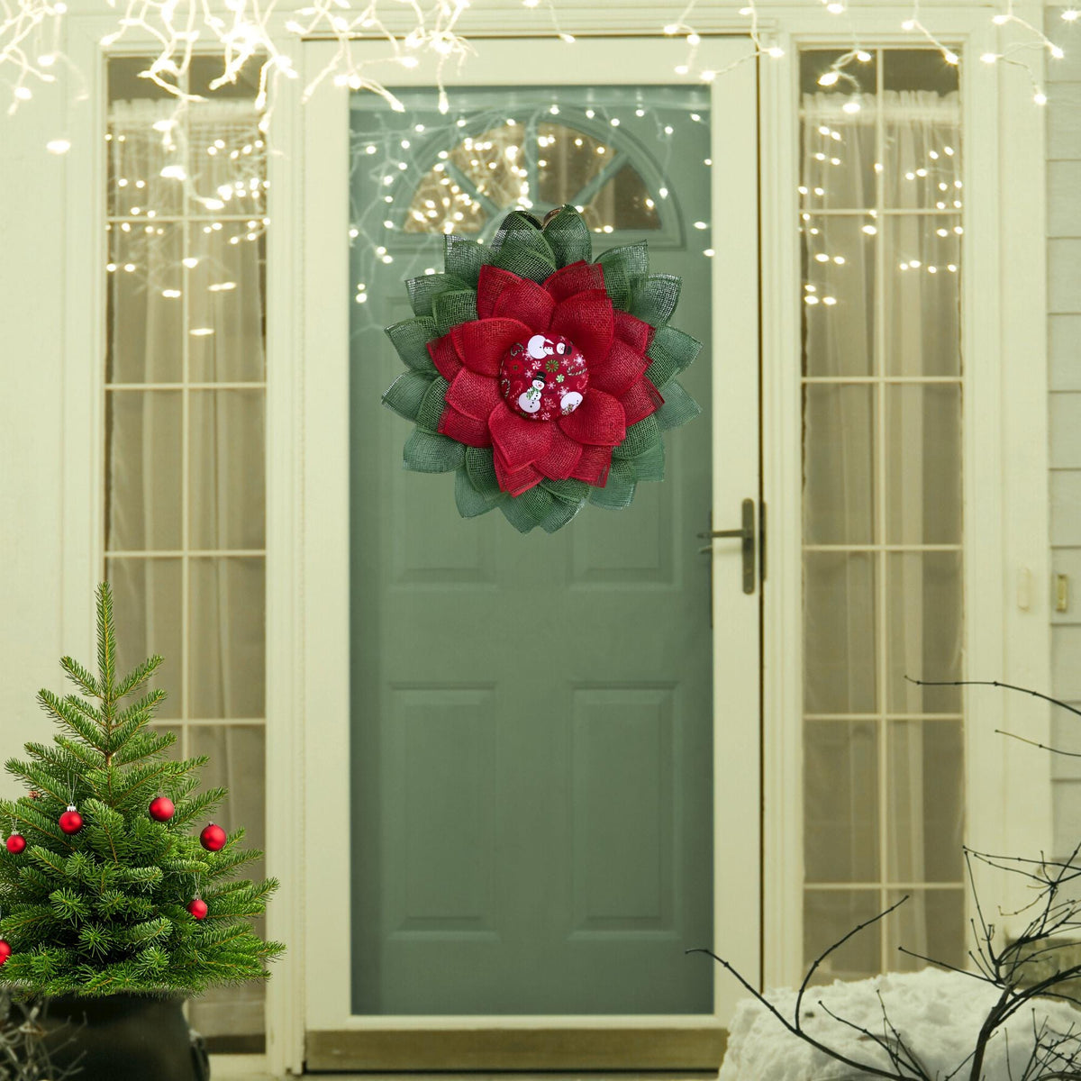 Large petal Christmas door wreath,  snowman decor, red and green