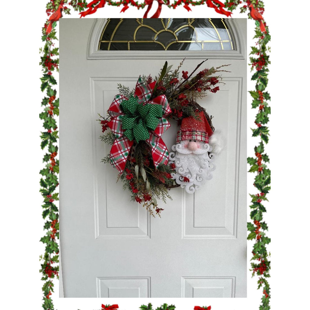 Handmade Santa Face Christmas Door Wreath – Faux Greenery, Holly Berries & Festive Bow