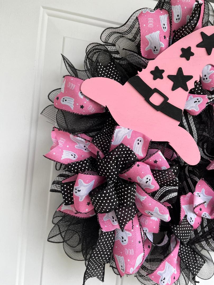 Pink & Black Halloween Door Wreath – Handmade Witch Hat, White Ghosts & Deco Mesh Front Door Decor