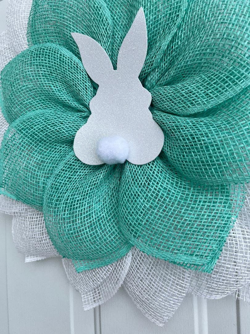 Handmade Easter Bunny Petal Wreath – Mint Green & White Burlap Door Décor