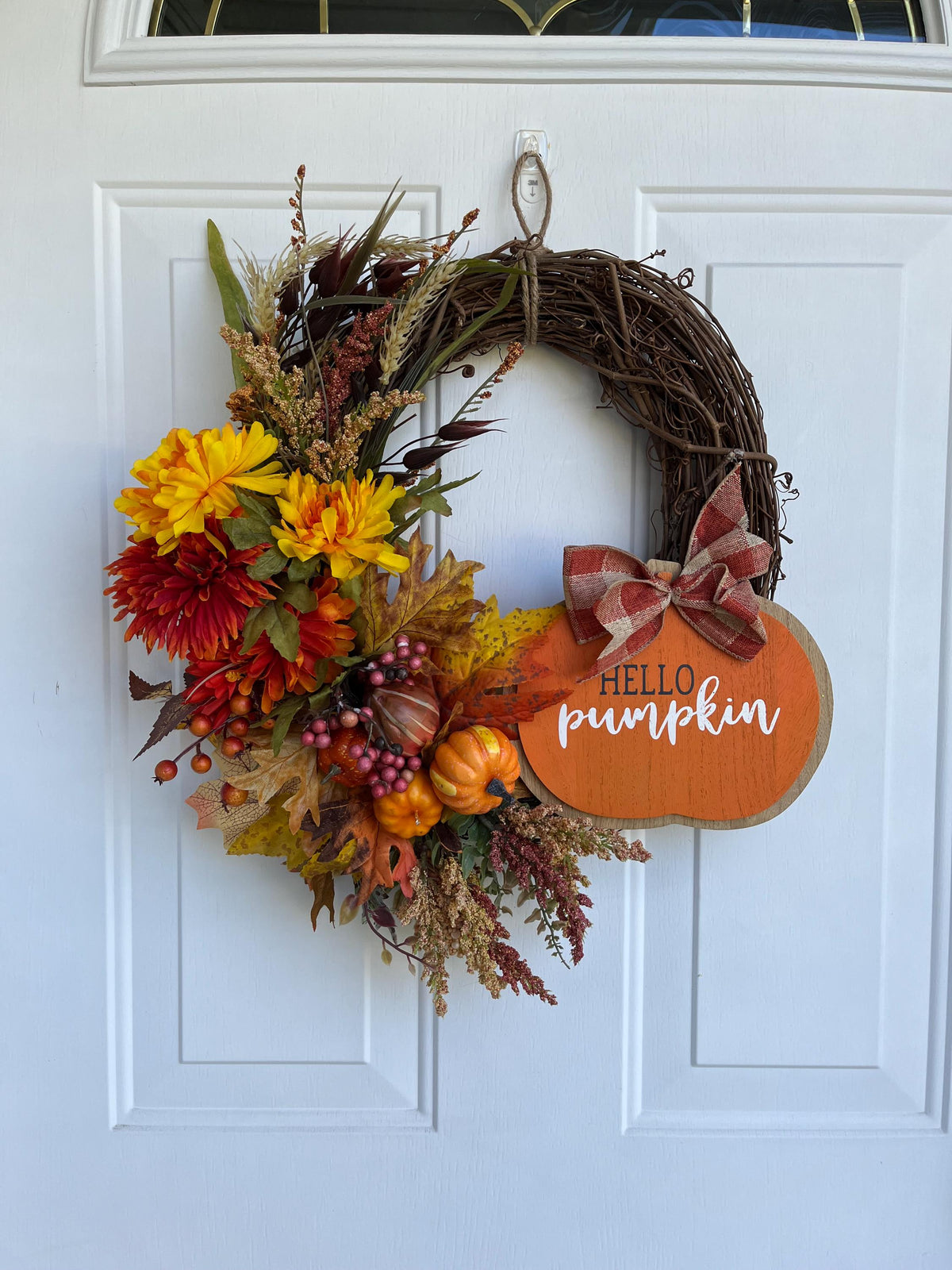 Colorful Fall Grapevine Wreath | Pumpkin Sign, Gold & Orange | Autumn Door Decor