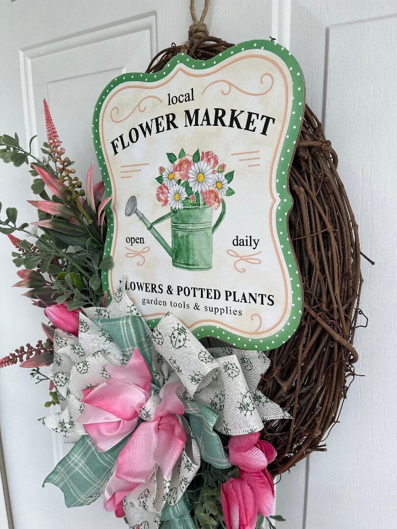 Handmade Flower Market Wreath – Pink Roses & Aqua Grapevine Door Décor