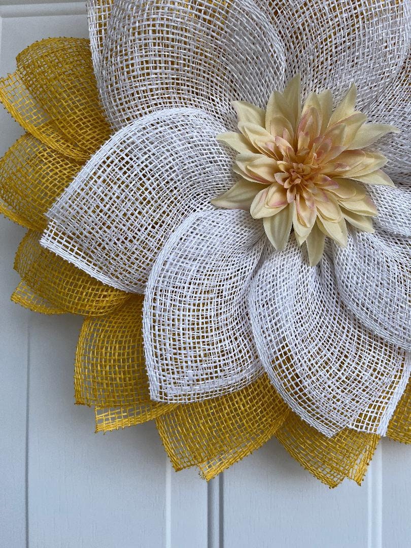 Handmade Yellow Dahlia Burlap Petal Wreath – 20" Spring & Summer Front Door Décor