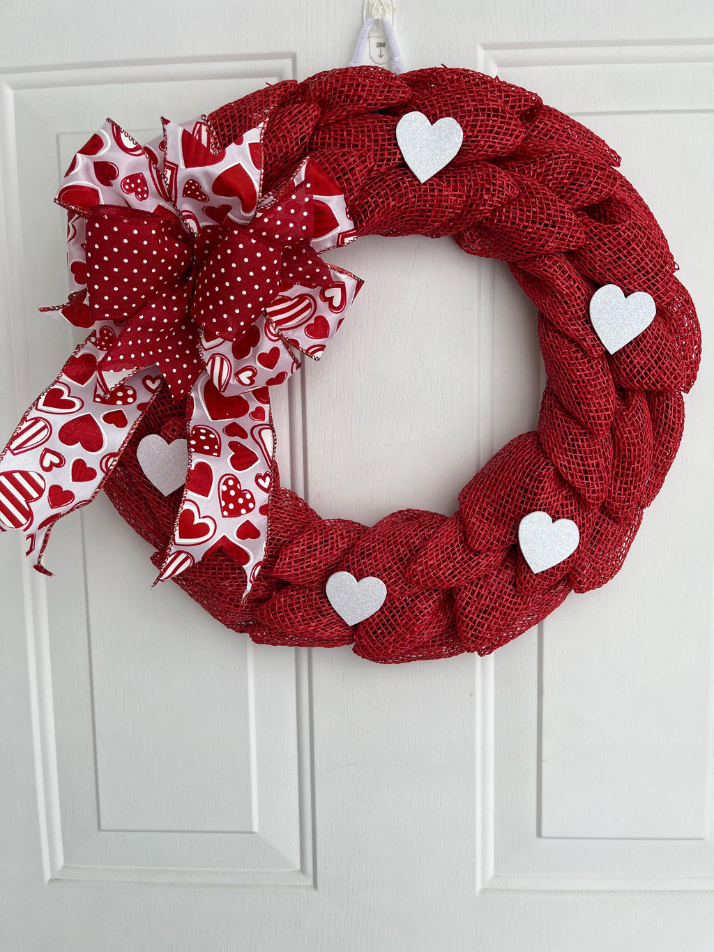 Valentine's Day Wreath – Red & White Petal Wreath with Glittery Hearts & Bow