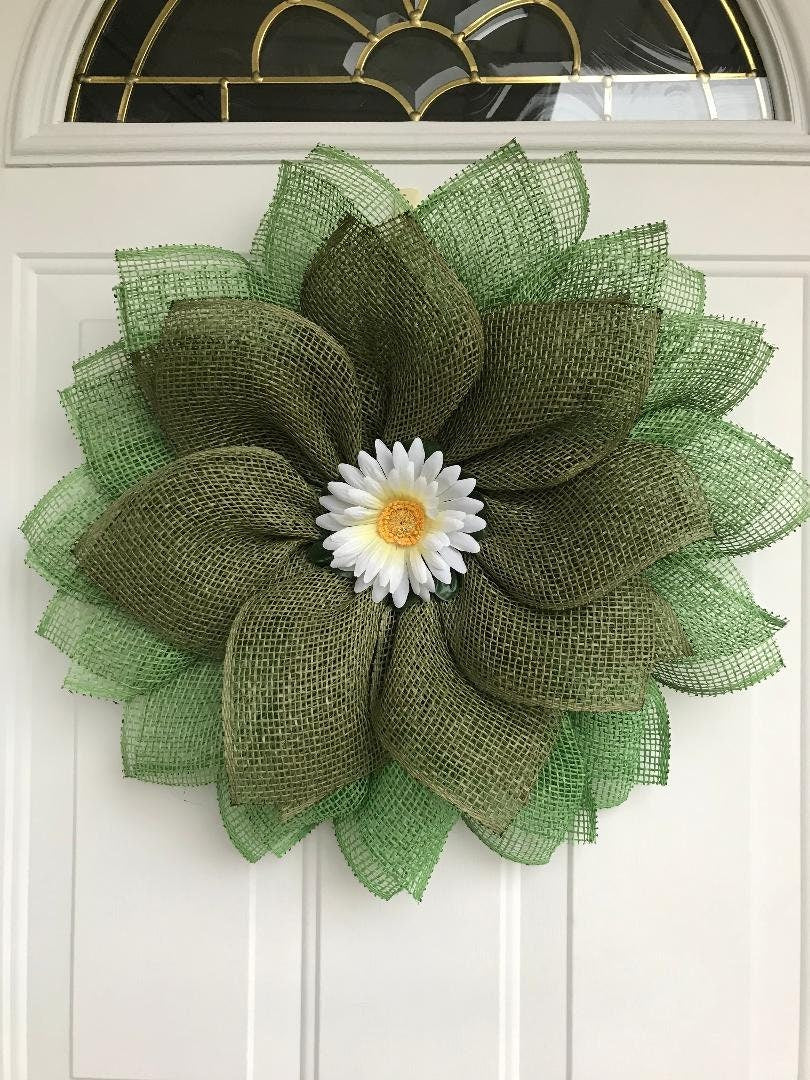 Handmade Daisy Petal Wreath – Green Burlap Spring & Summer Front Door Décor