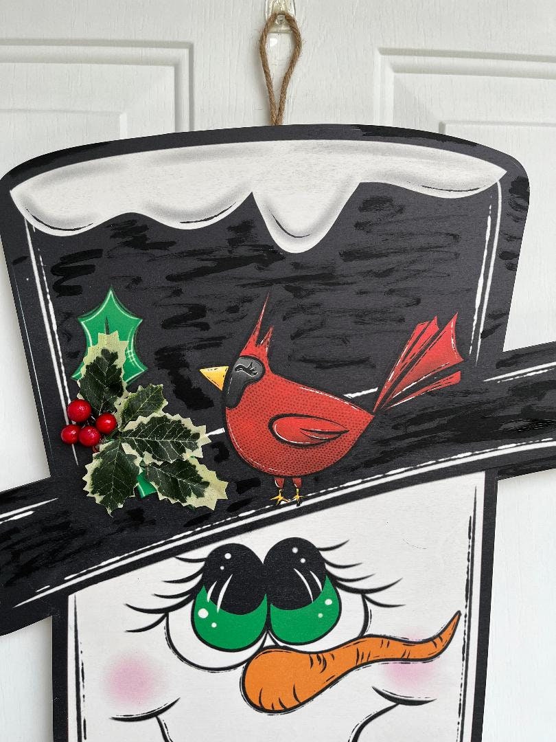 Snowman Christmas Door Sign: Holiday Cardinal Winter Decor