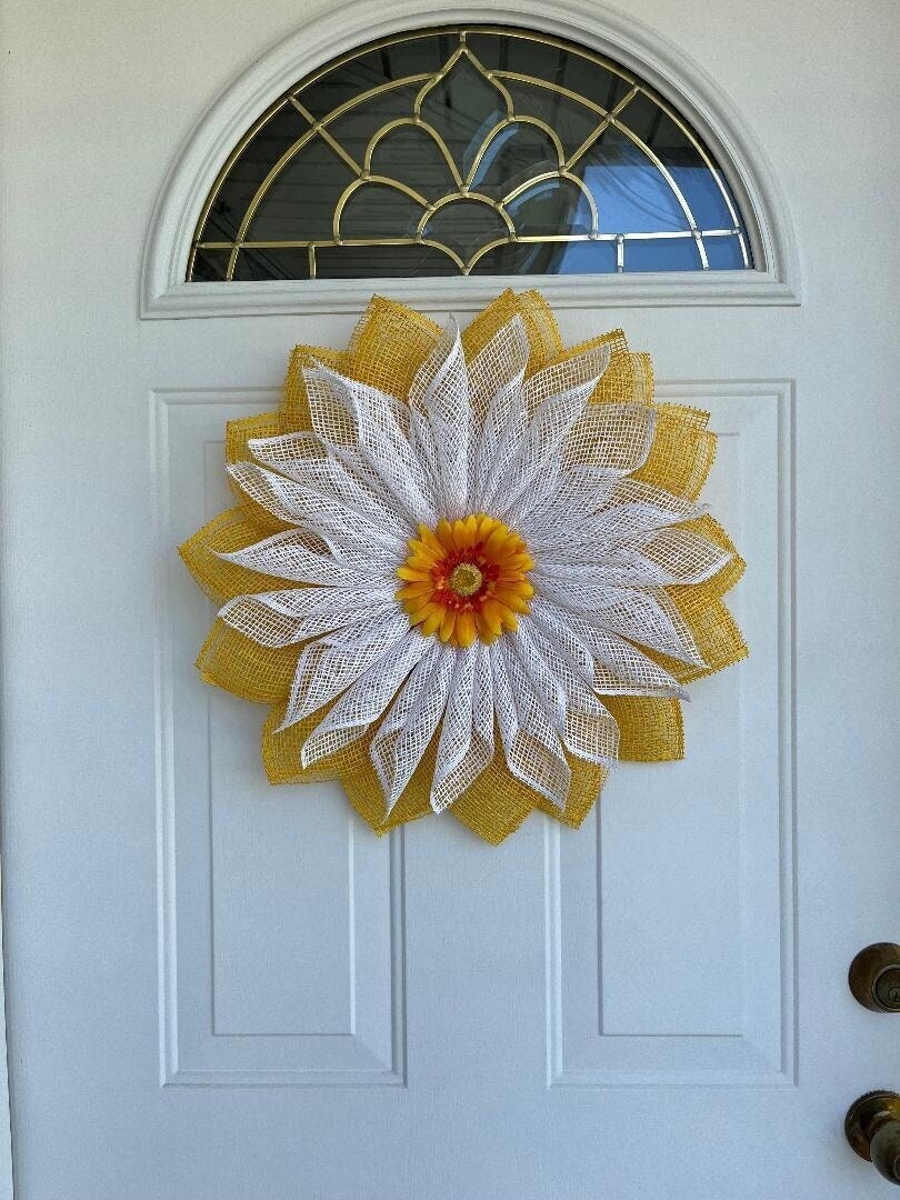 Handmade Orange Sunflower Door Wreath – Burlap Petal Wreath for Spring & Summer Décor