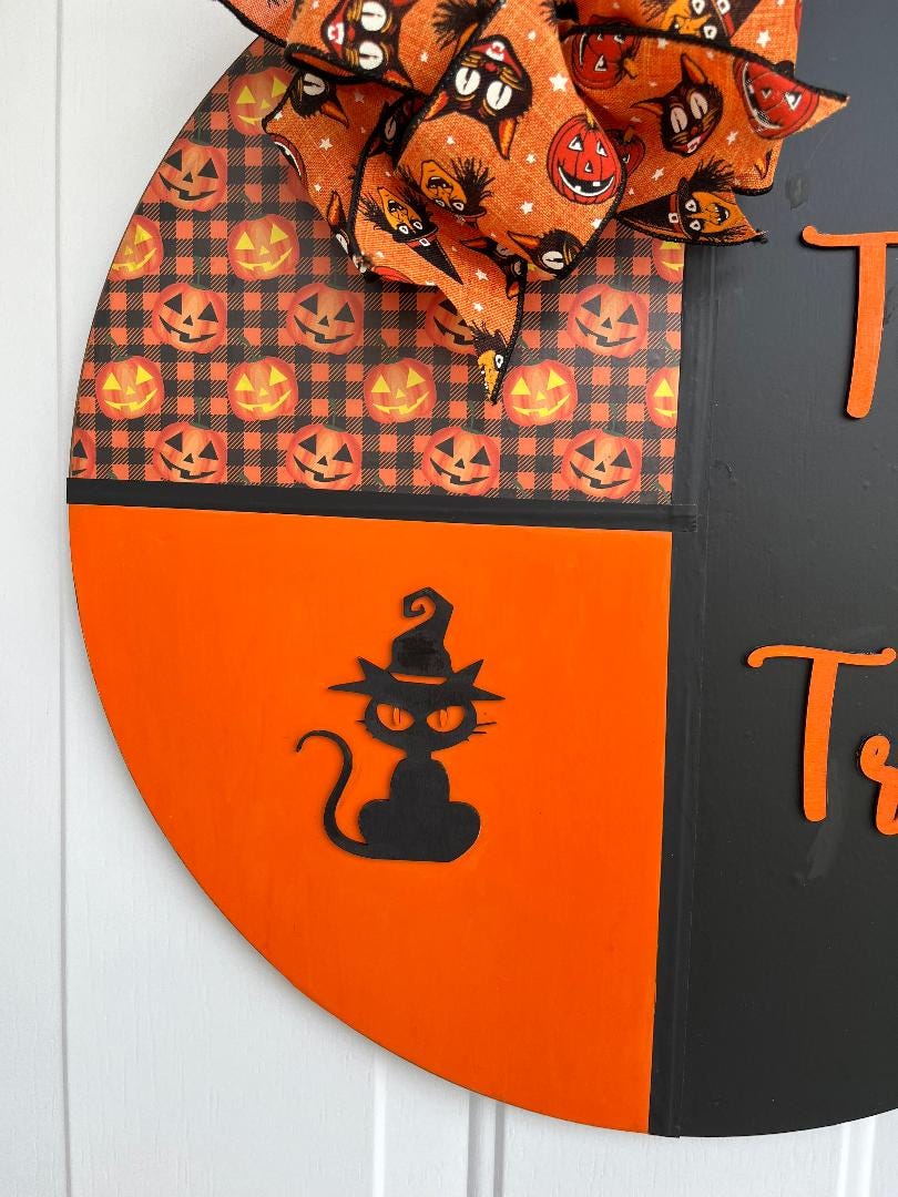 Halloween Door Hanger: Wood Trick or Treat Sign with Black Cat