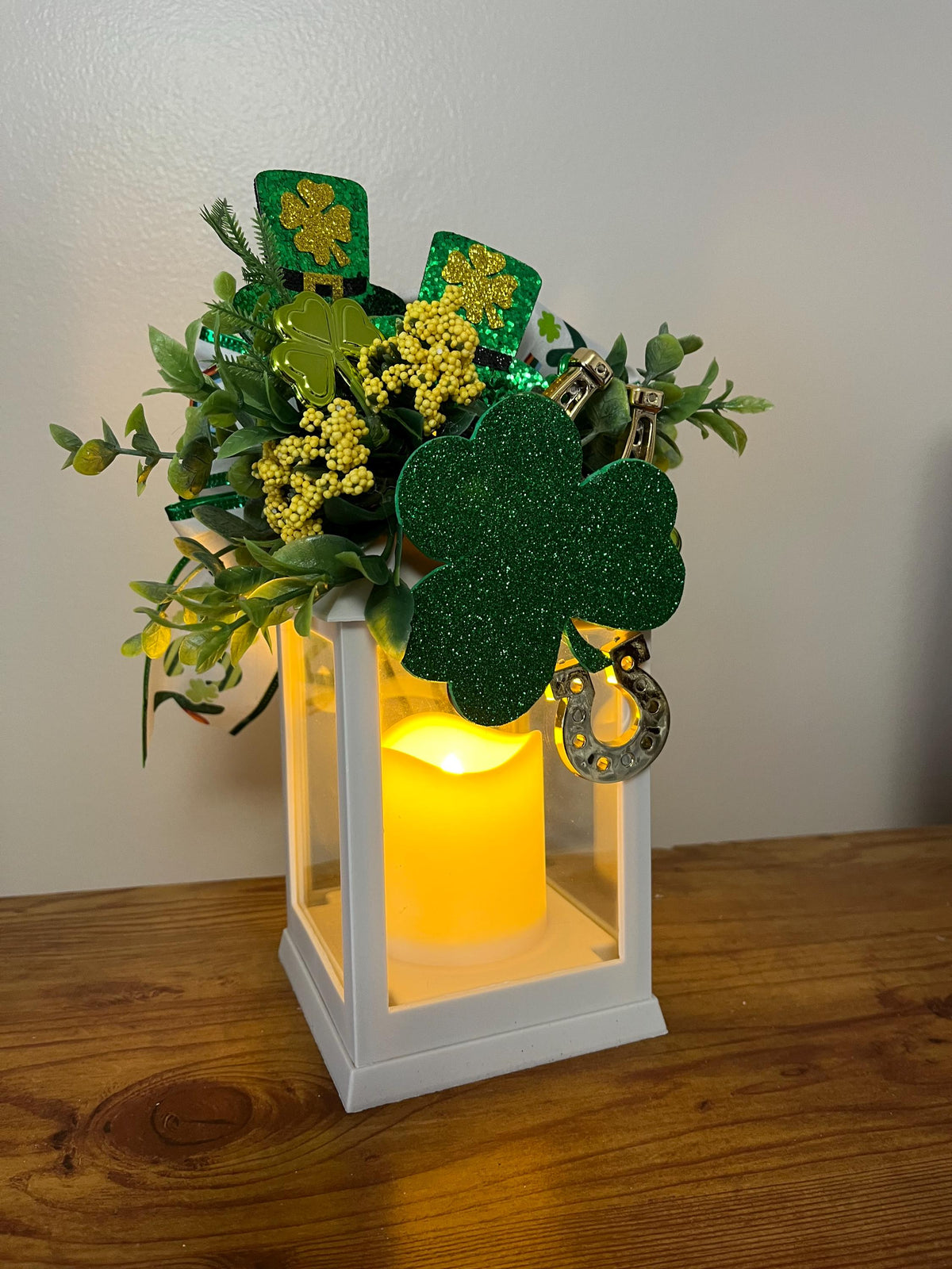 St. Patrick's Day Lantern, indoor decorated, greenery, shamrock