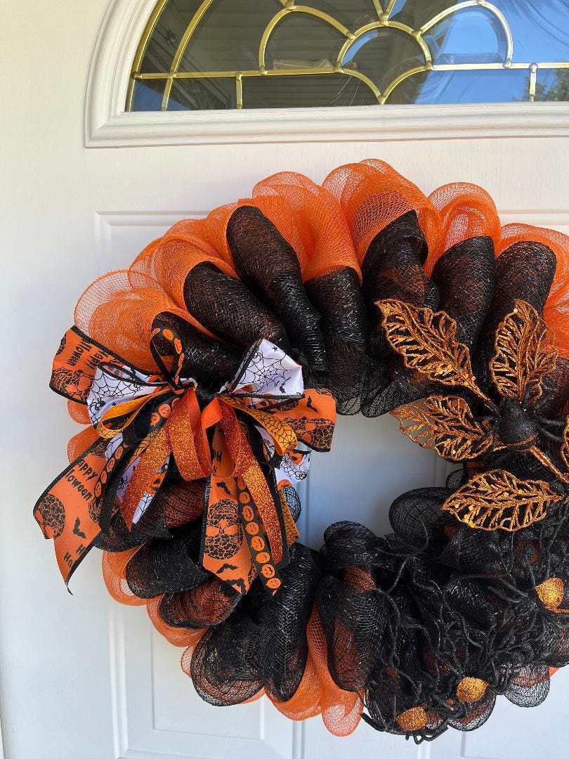 Large Handmade Halloween Deco Mesh Wreath – Orange & Black with Multicolor Bow, Front Door Decor