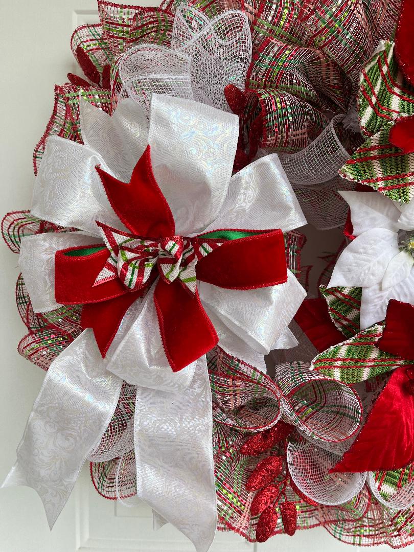 Christmas Poinsettia Wreath – Red, Green & White Mesh Holiday Door Décor