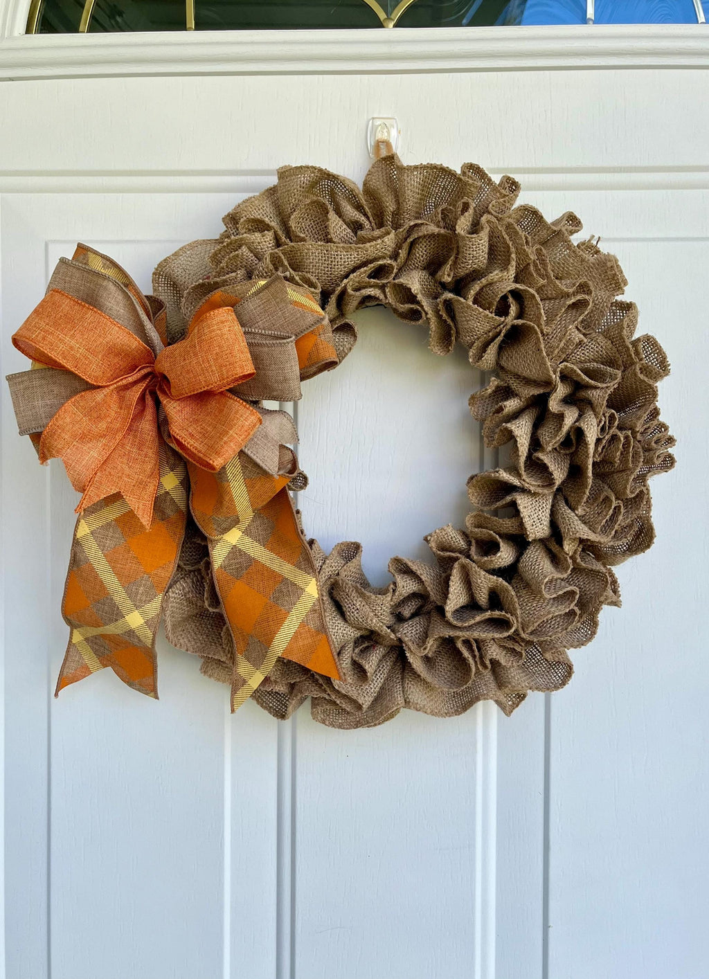 Fall Burlap Door Wreath | Orange & Beige Bow | Rustic Autumn Door Decor