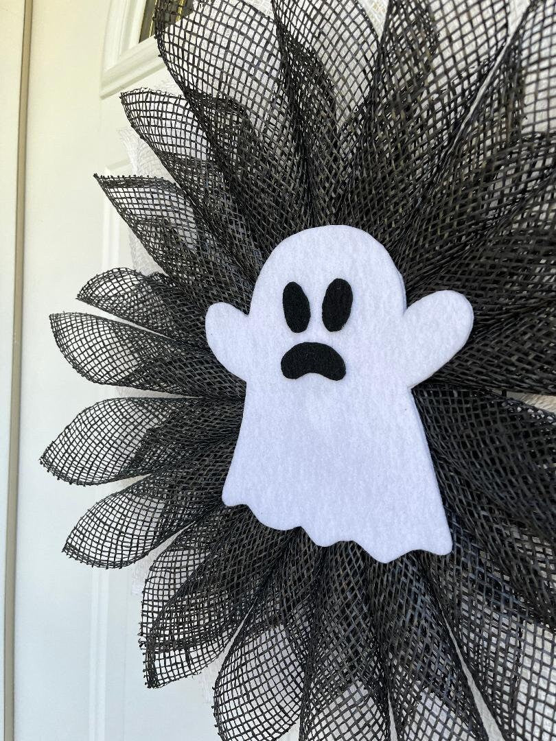 Halloween Ghost Wreath, Black & White Burlap, Spooky Front Door Decor