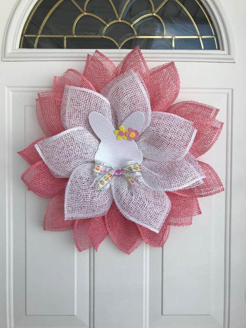 Easter Bunny Wreath: Burlap Flower, Spring Door Decor