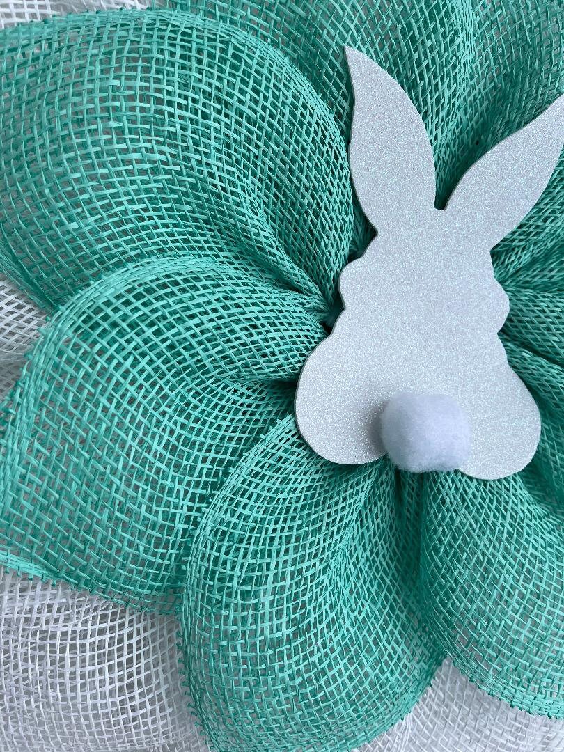 Handmade Easter Bunny Petal Wreath – Mint Green & White Burlap Door Décor