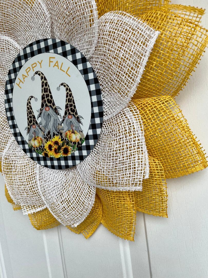 Fall Gnome Wreath | Yellow & White Burlap Petals | Autumn Door Decor