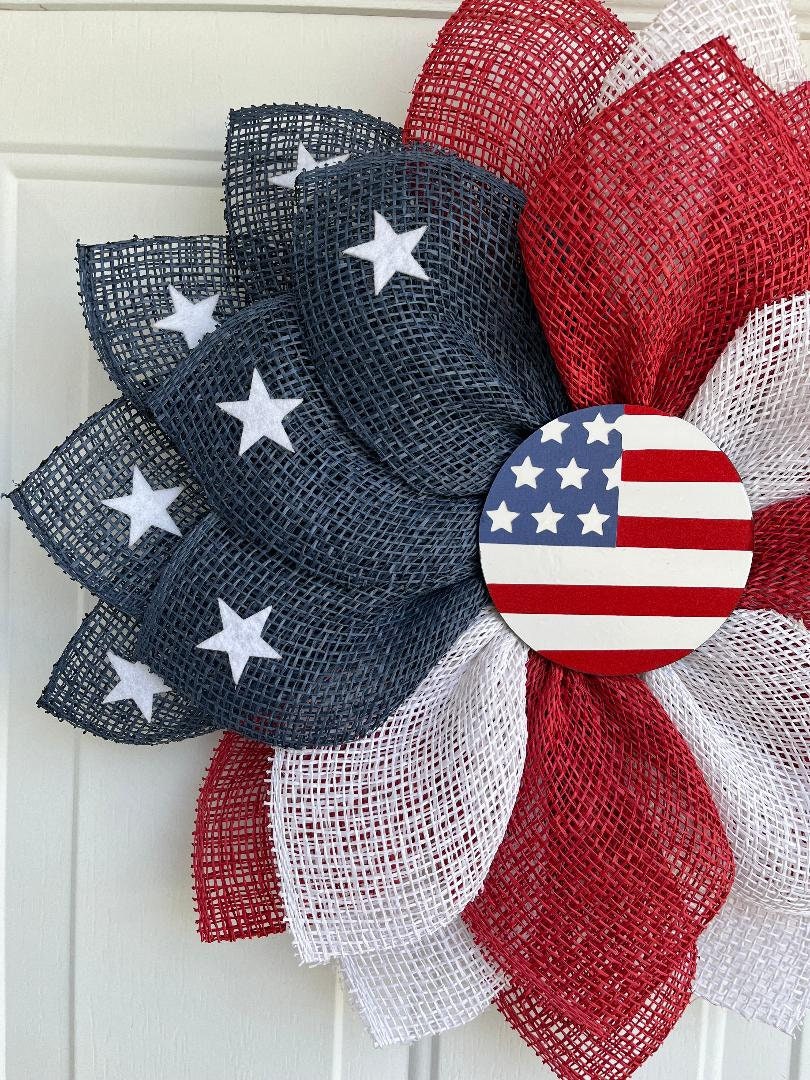 Handmade Patriotic American Flag Petal Wreath – 4th of July & Memorial Day Door Décor