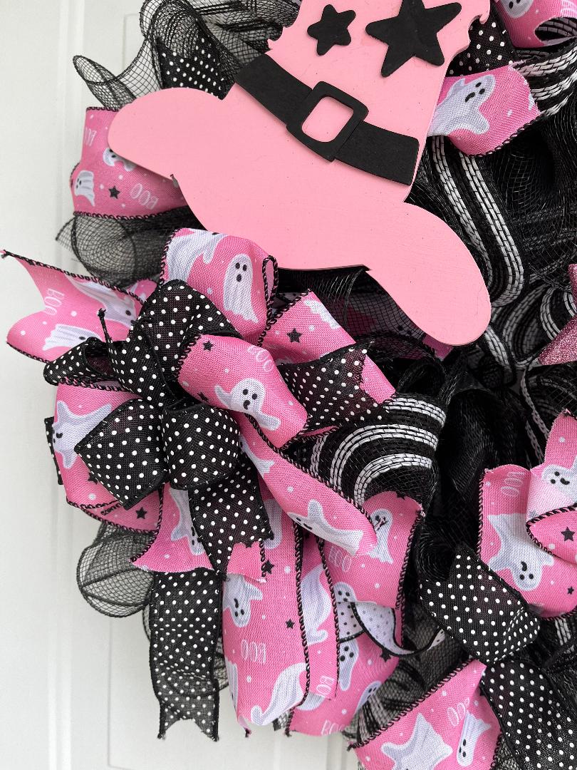 Pink & Black Halloween Door Wreath – Handmade Witch Hat, White Ghosts & Deco Mesh Front Door Decor