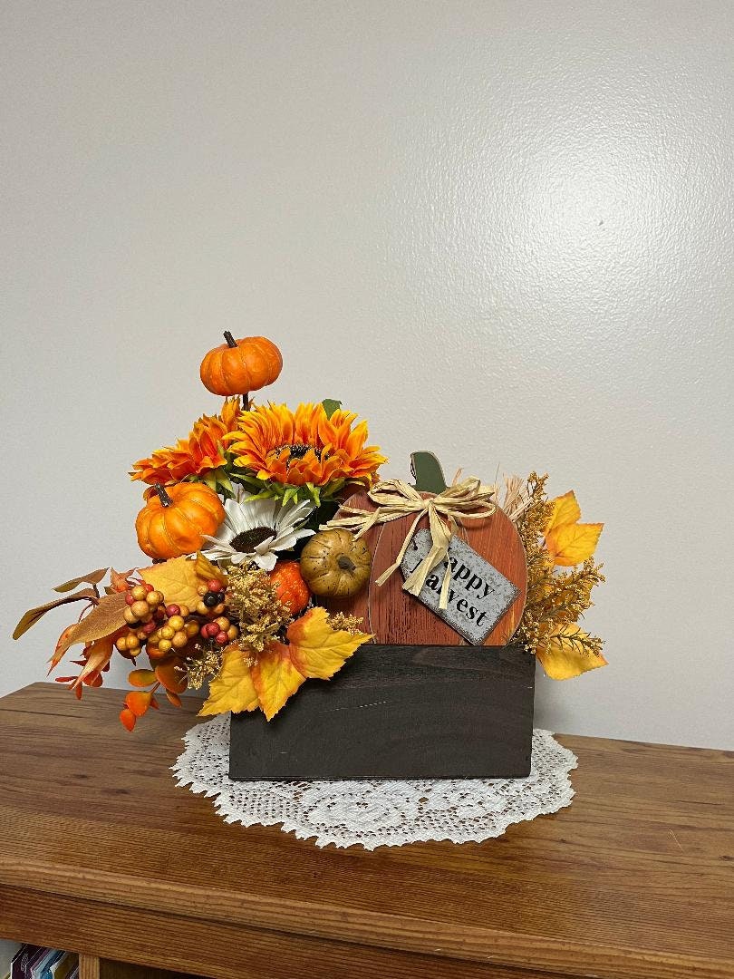 Handmade Fall Floral Centerpiece – Faux Sunflower & Pumpkin Arrangement, Wooden Box, Happy Harvest Thanksgiving Table Decor