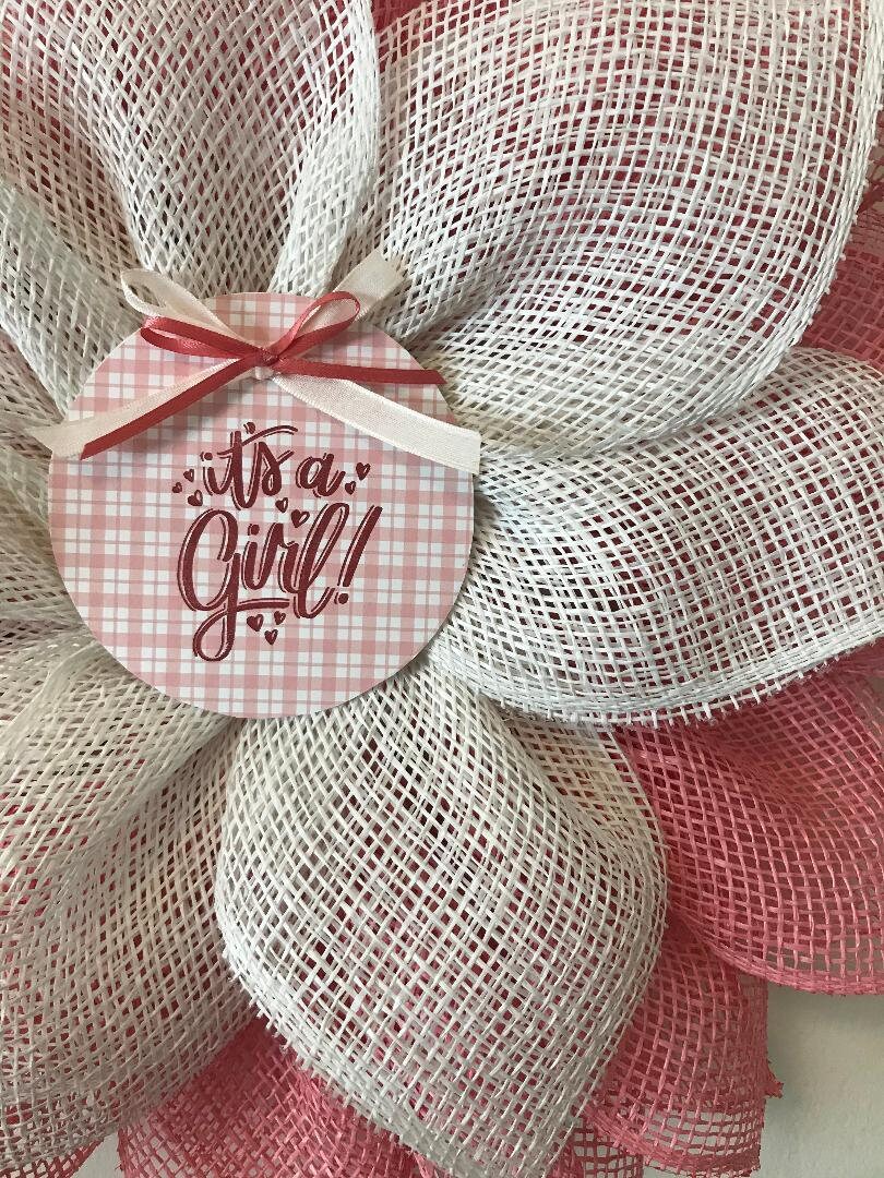 Baby Girl Announcement Wreath: Pink & White Burlap Flower, Nursery Decor