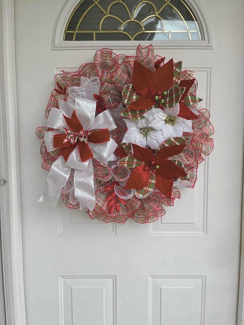 Christmas Poinsettia Wreath – Red, Green & White Mesh Holiday Door Décor
