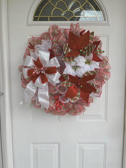 Christmas Poinsettia Wreath – Red, Green & White Mesh Holiday Door Décor